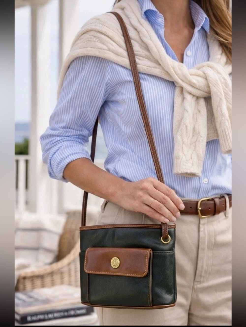 Vintage JG Hook Leather Crossbody Bag Green Brown Nautical Anchor 90s Preppy